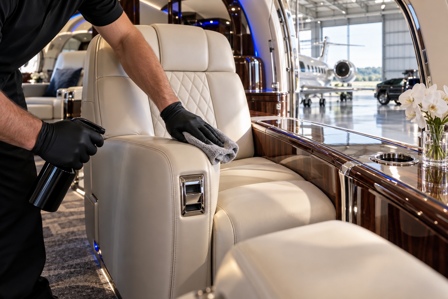 Cream leather seating inside a private jet cabin